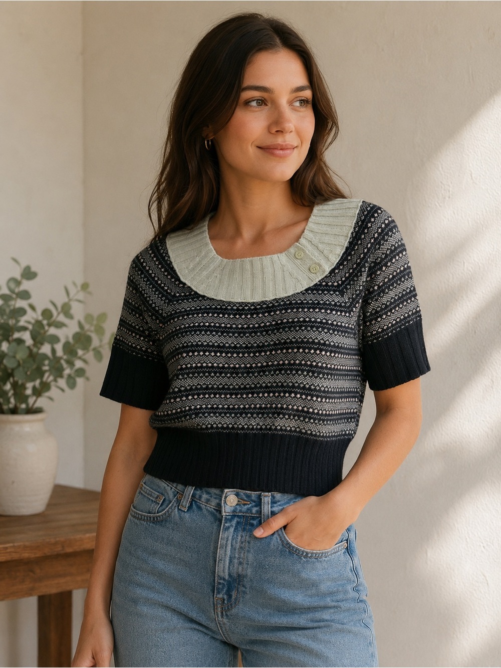 Cartonnier by Anthropology Short Knit Sm Wool Sweater with Contrast Collar